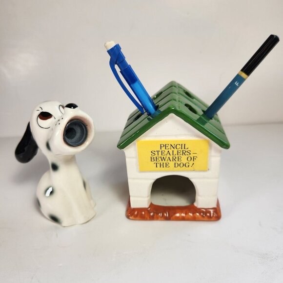 Vintage Pencil Sharpener & Holder MCM Dog & Doghouse Bone China Made In Japan - Picture 1 of 12